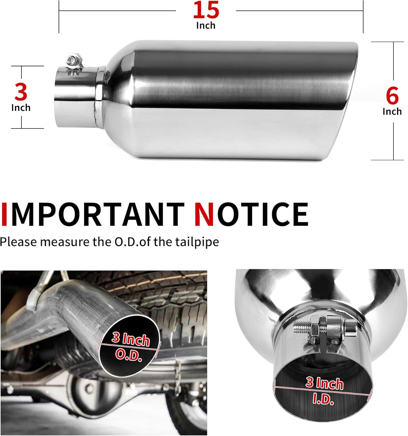 Richeer 3 inch Inlet Exhaust Tip, 6” Outlet 15” Overall Length Stainless Steel Exhaust Tip Surface Polished Finish Universal for Vehicles with 3" O.D. Exhaust Tailpipe, Rolled Edge, Bolt on