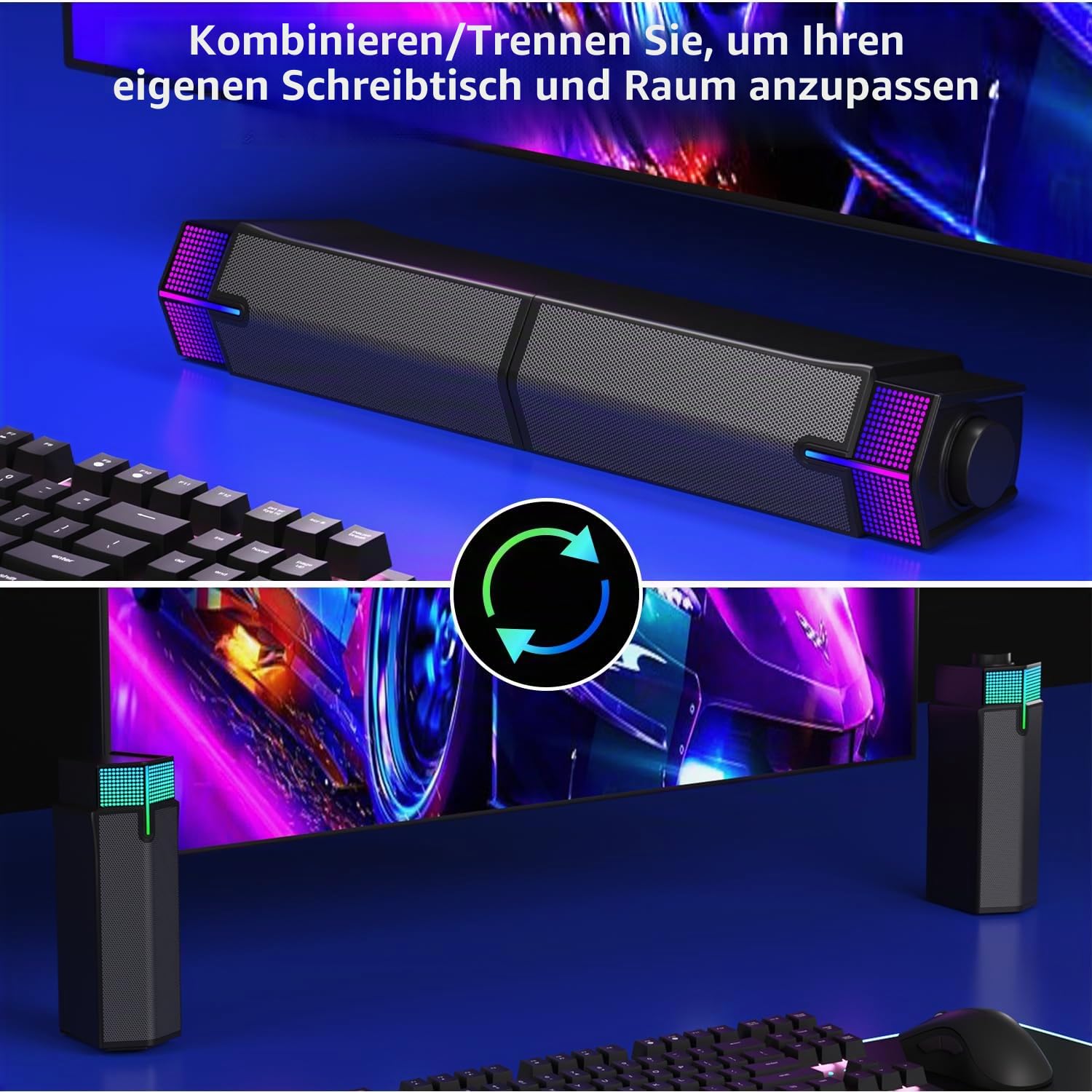 Jeecoo M20 Bluetooth-Computer-Lautsprecher für PC-Desktop-Monitor, Gaming-PC-Soundbar, kabelgebunden, USB-betrieben, hervorragender Stereo-Sound, mit Farbverlauf, RGB-Beleuchtung, kombinieren/trennen