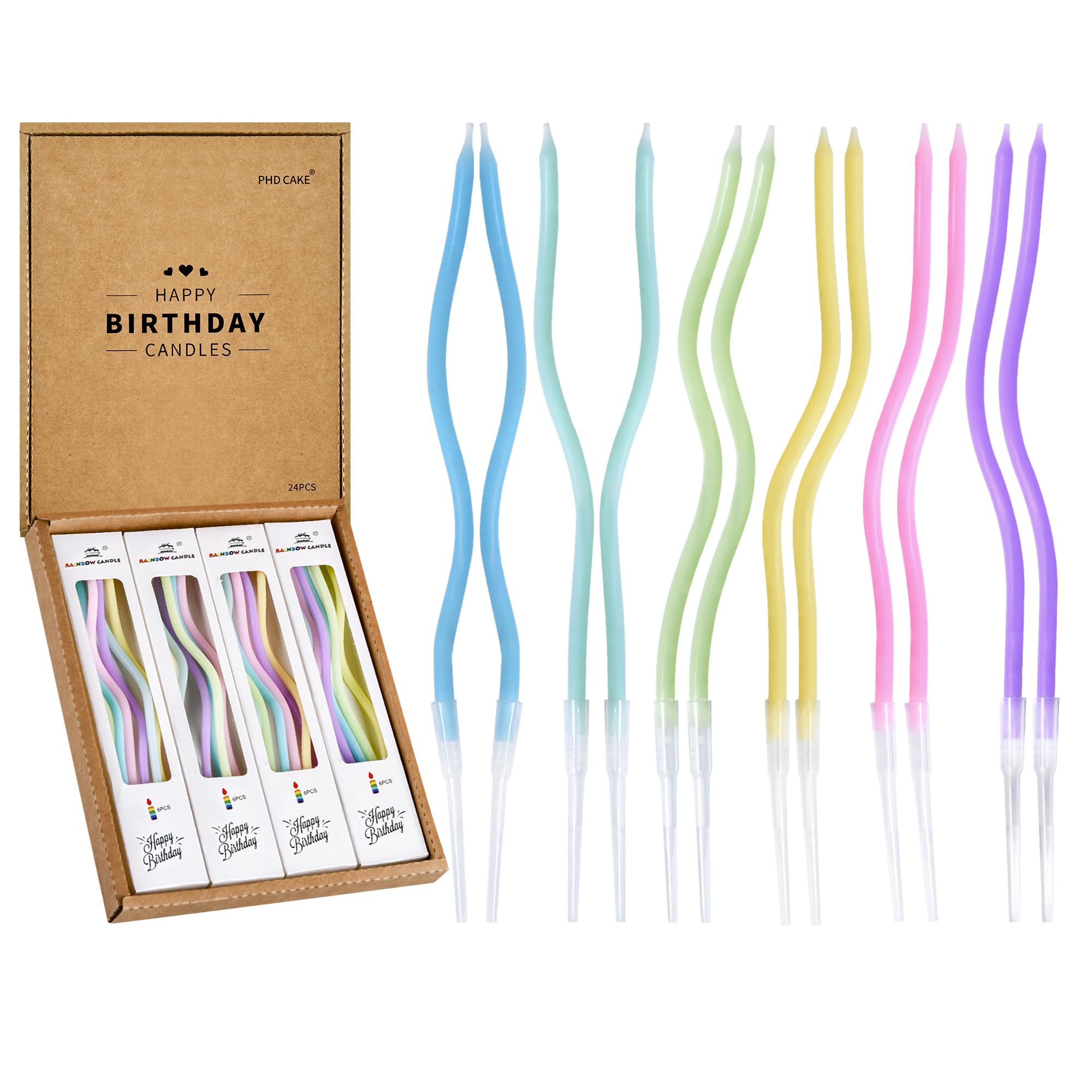 PHD CAKE 24-Count Colorful Pastel Spiral Long Thin Birthday - candles and holders | Mubboo