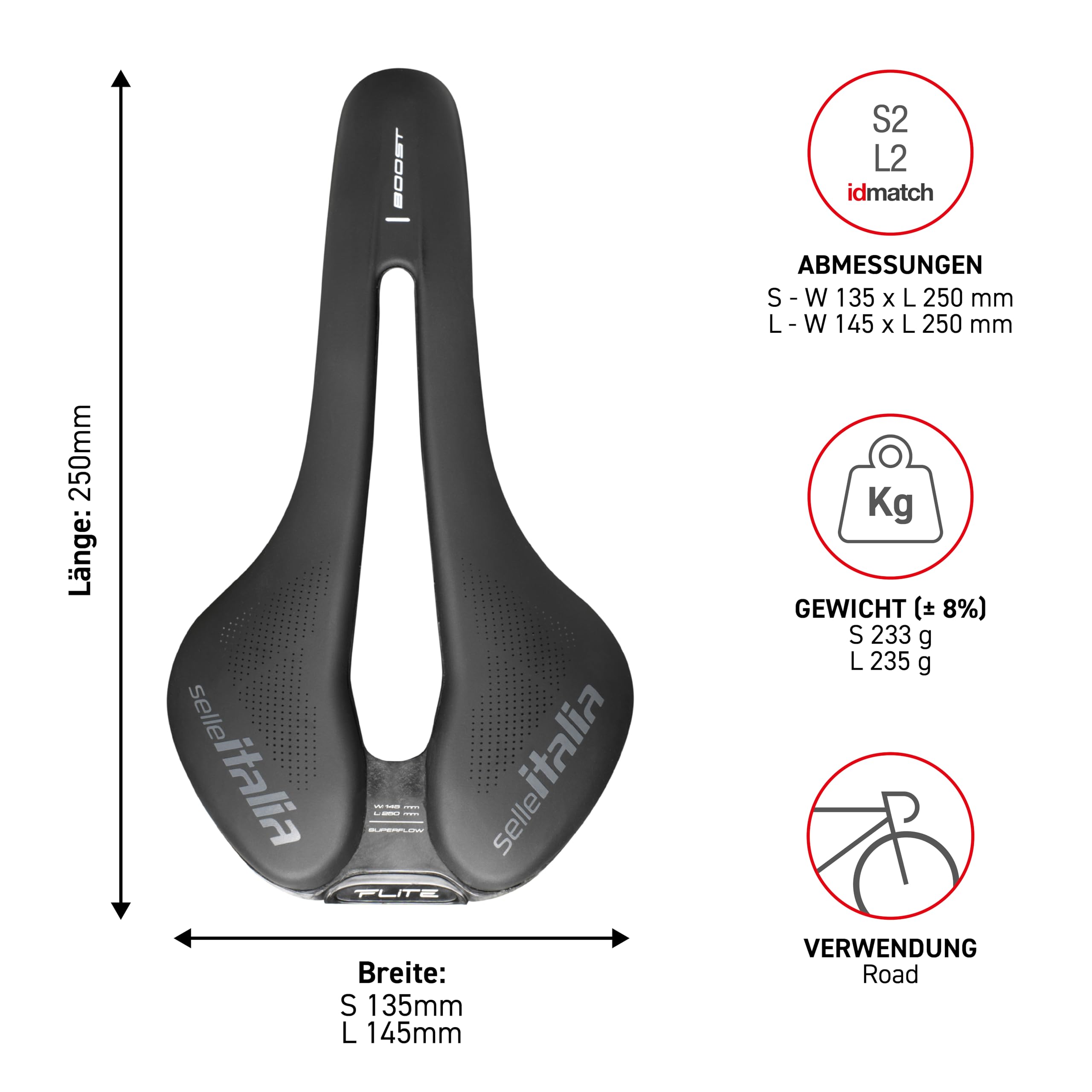 Selle Italia FLITE Boost TM Superflow – Rennradsattel, flach mit Superflow Aussparung, Mangan-Schiene, leicht und komfortabel
