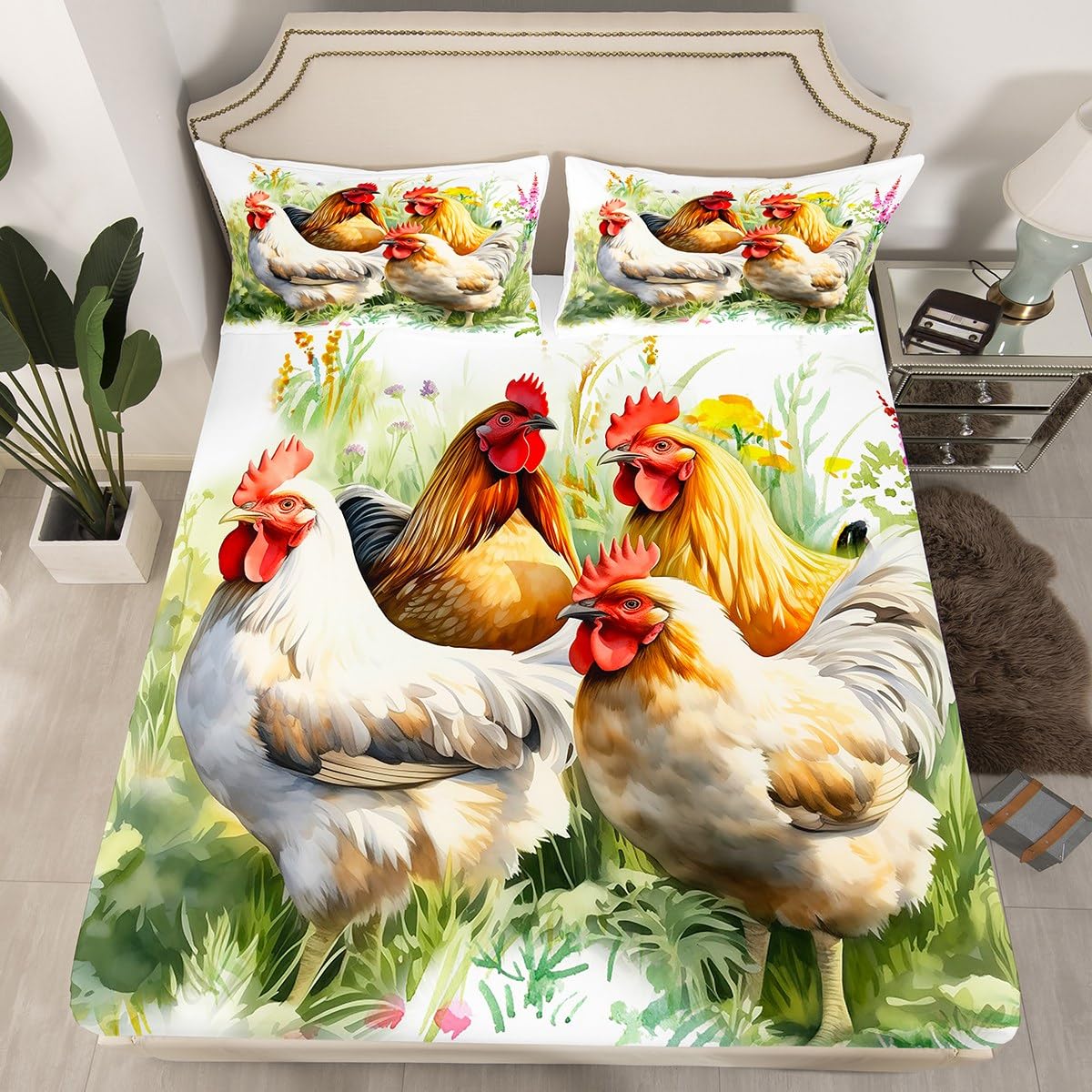 Rustic Chicken Bed Sheetsfor Kids Boys Girls,Watercolor Rooster Fitted Sheet Twin,Farmhouse Animal Bedding Set,Botanical Flower Leaves Bed Cover Deep Pocket + 1 Pillowcase Soft,no Top Sheet