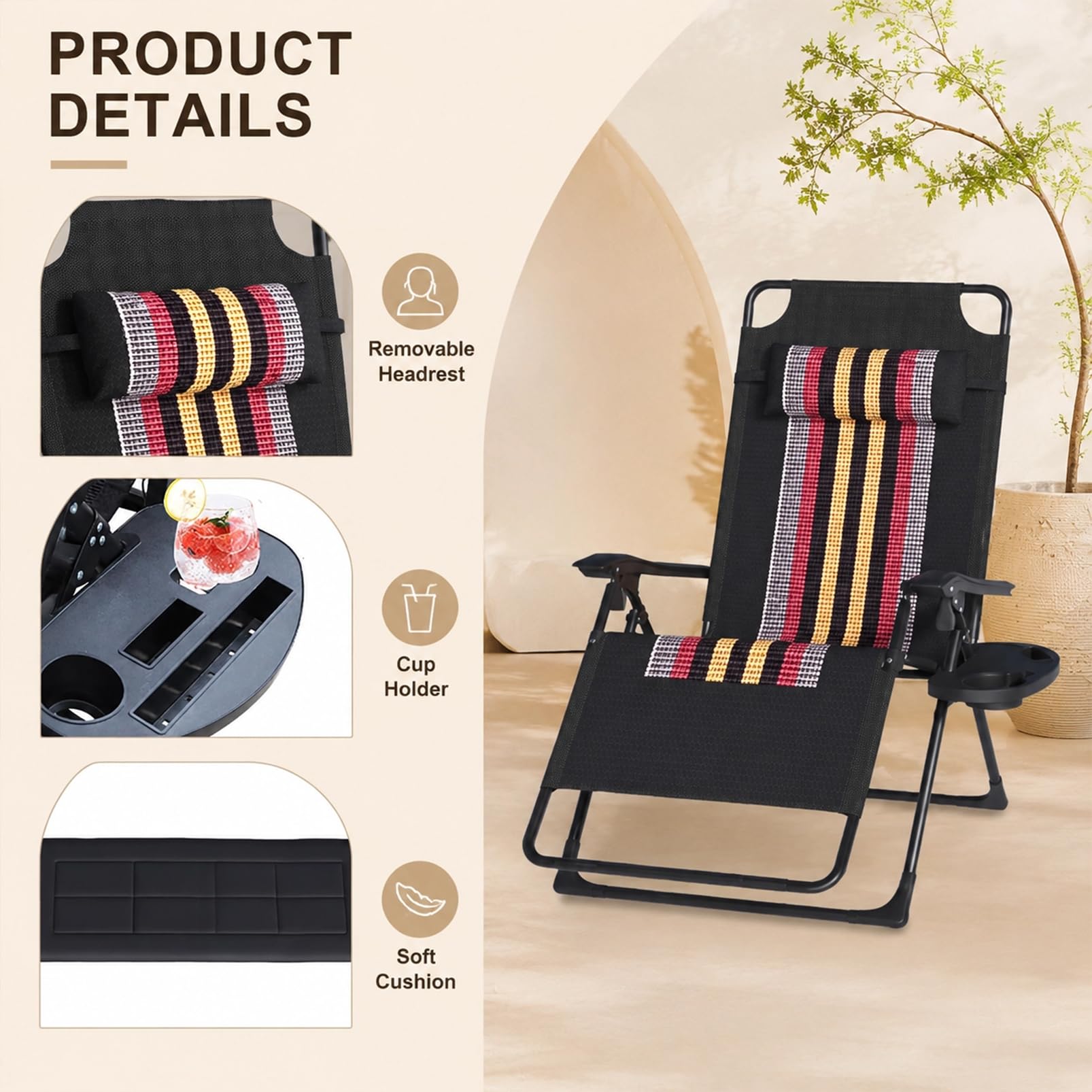 Sedia a sdraio pieghevole con cuscino per la schiena, ergonomica, schienale regolabile, per esterni, fino a 150 kg, sedia da giardino per giardino, piscina, balcone e terrazza (grigio-1 pezzo)