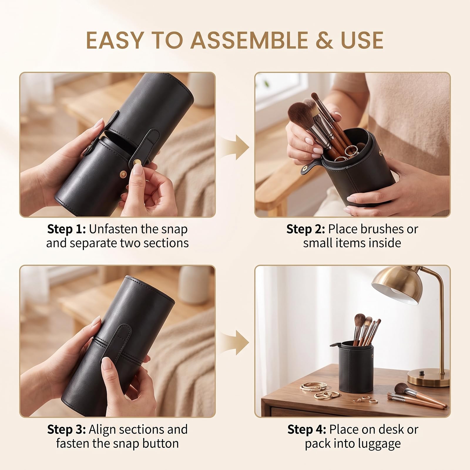 Porta pennelli da trucco vuoto in pelle PU nero con coperchio contenitore per pennelli da viaggio contenitore portatile cosmetici penne organizer per tazze