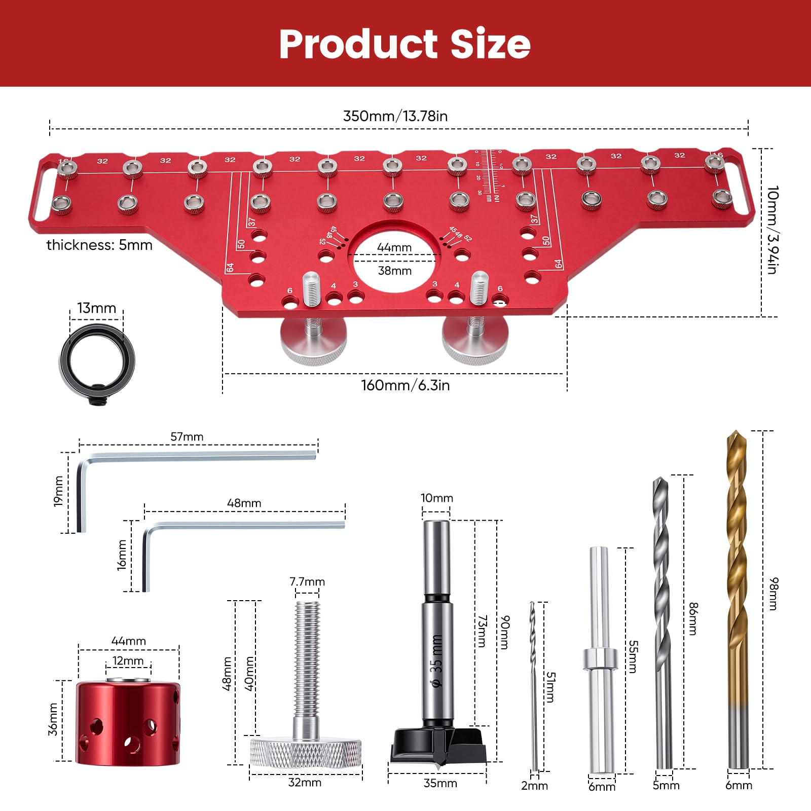 Lange Regalstift-Bohrschablone & 35mm Scharniervorrichtung 2 in 1 (351mm), für Doppeltürschränke & große Möbel, Aluminium Bohrvorrichtung Präzision mit 5mm & 1/4” Bohrern