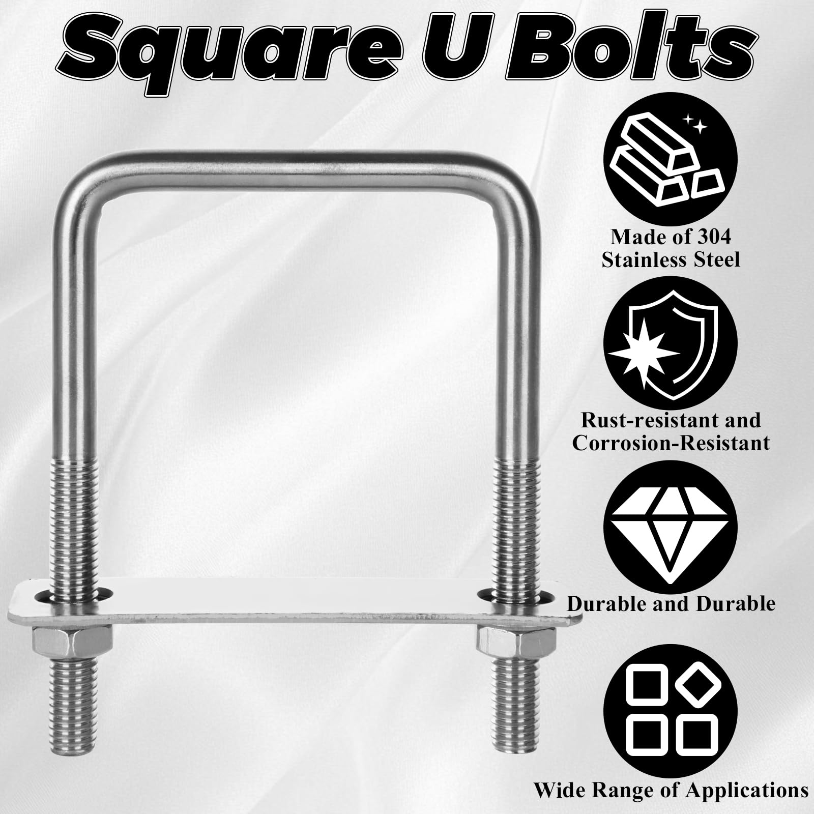 CertBuy Confezione da 8 cavallotti a U quadrati, larghezza interna 100 mm, lunghezza 100 mm, in acciaio inox 304, con rondelle e dadi, parti di ricambio e accessori per rimorchi di automobili, barche