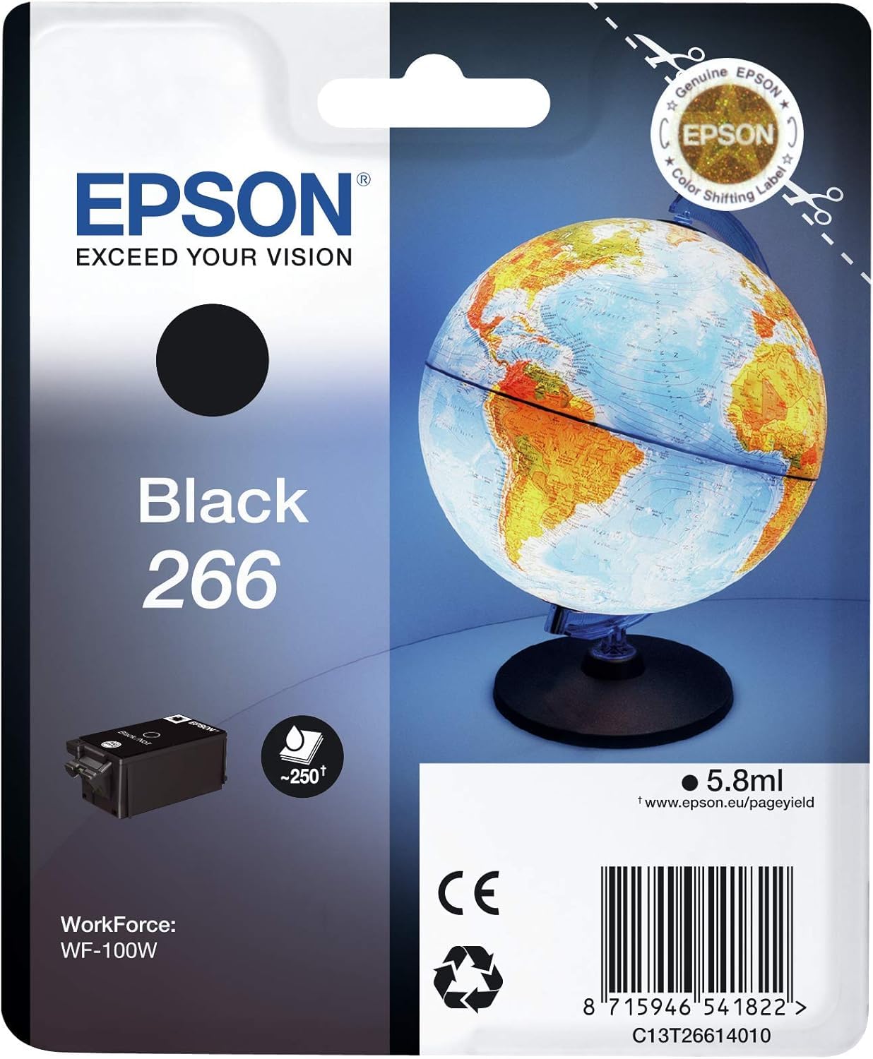Epson workforce wf-110w, stampante a4 portatile inkjet, connettività wi-fi e wi-fi direct, batteria integrata, nero & 266 serie mappamondo, cartuccia originale getto d'inchiostro, formato standard