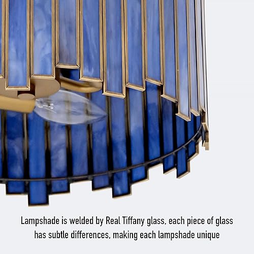 Miniatura 9 de Lámpara de techo de latón antiguo en forma de tambor, lámpara Tiffany moderna de montaje semiempotrado de 12.5 pulgadas con vidrio azul morado,