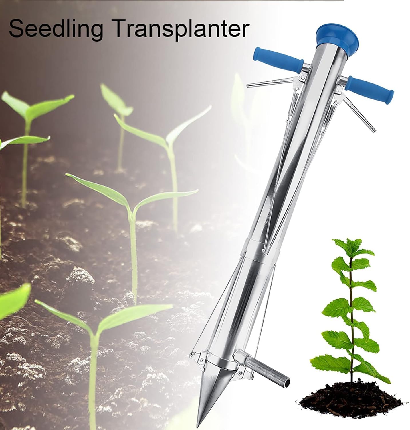 Strumento per trapiantare piantine, trapiantatrice manuale per piante in acciaio inossidabile con manico lungo, strumento multifunzionale per fioriera per serra da giardino per piante giovani,A