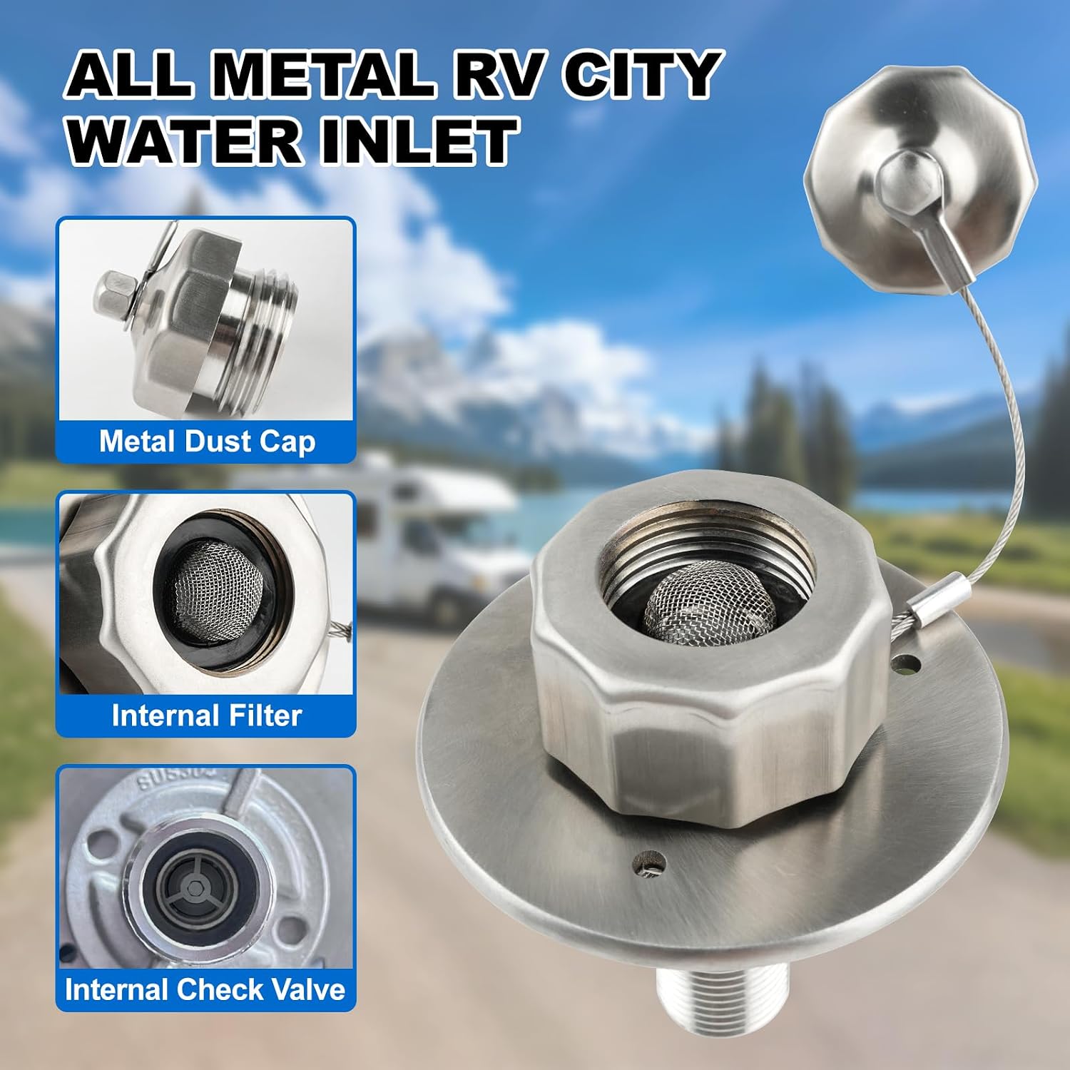 All Metal RV City Water Inlet With Check Valve - Durable Replacement Water Fill Connection for Camper, Motorhome, Trailer, Marine