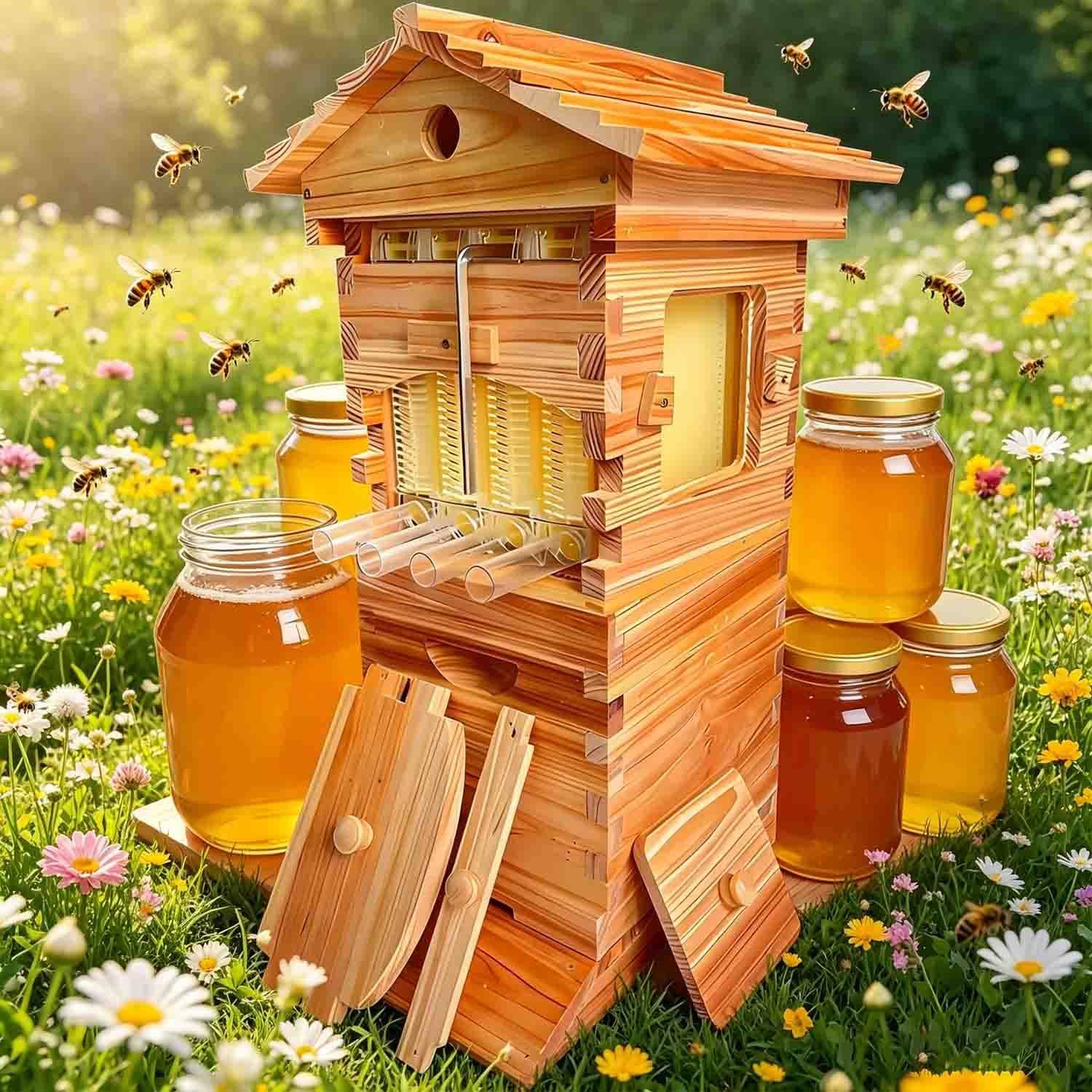 GLBMXDD Self-Flow Hive Beehive Starter Kit with Observation Window, Includes 4 bee Frames and 6 Honeycomb Trays, for backyard beekeeping or small-scale apiaries
