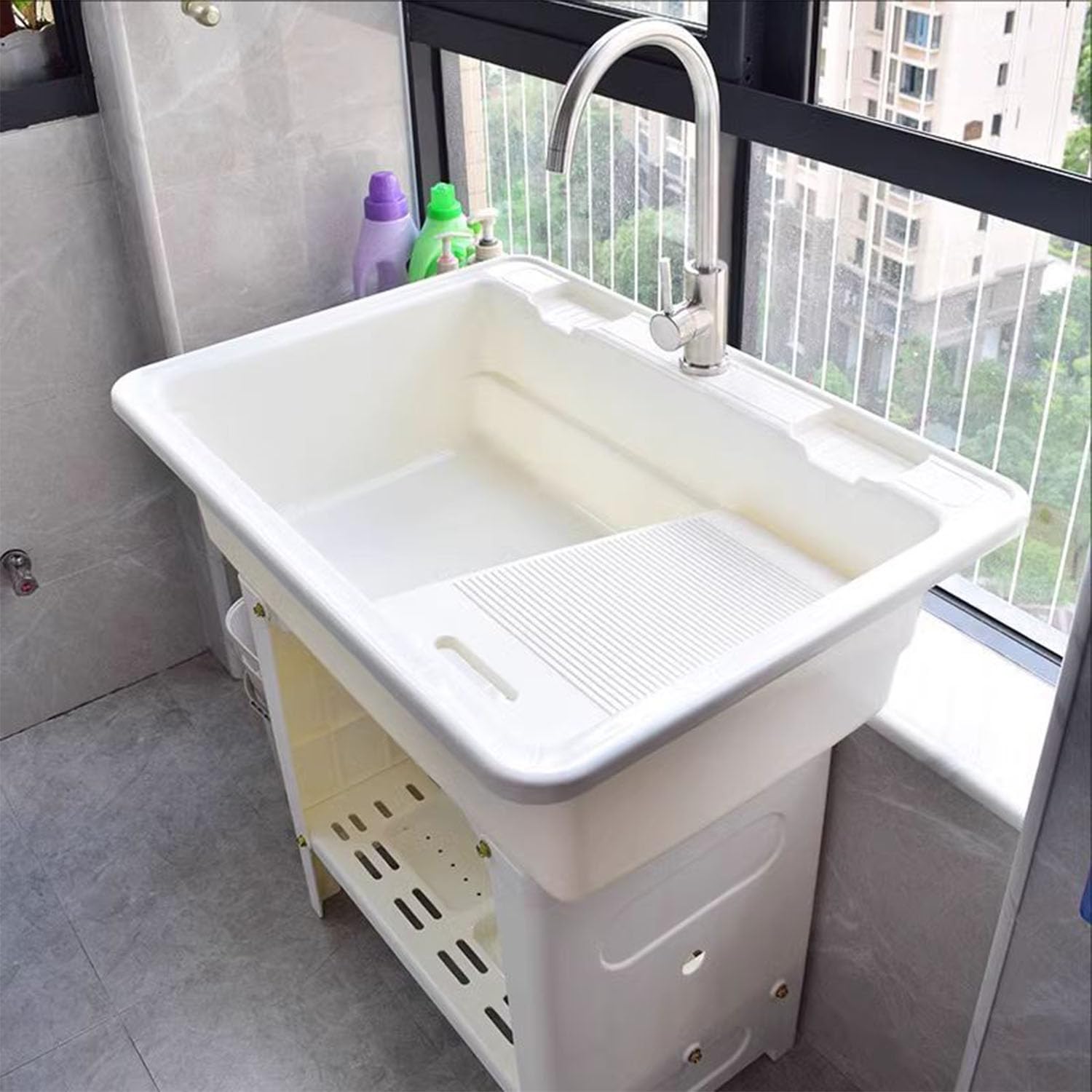 TAXXII Portable Plastic Outdoor Sink with Faucet Freestanding Utility Basin for Laundry Garage Basement Garden Camping - Versatile Cleaning Solution