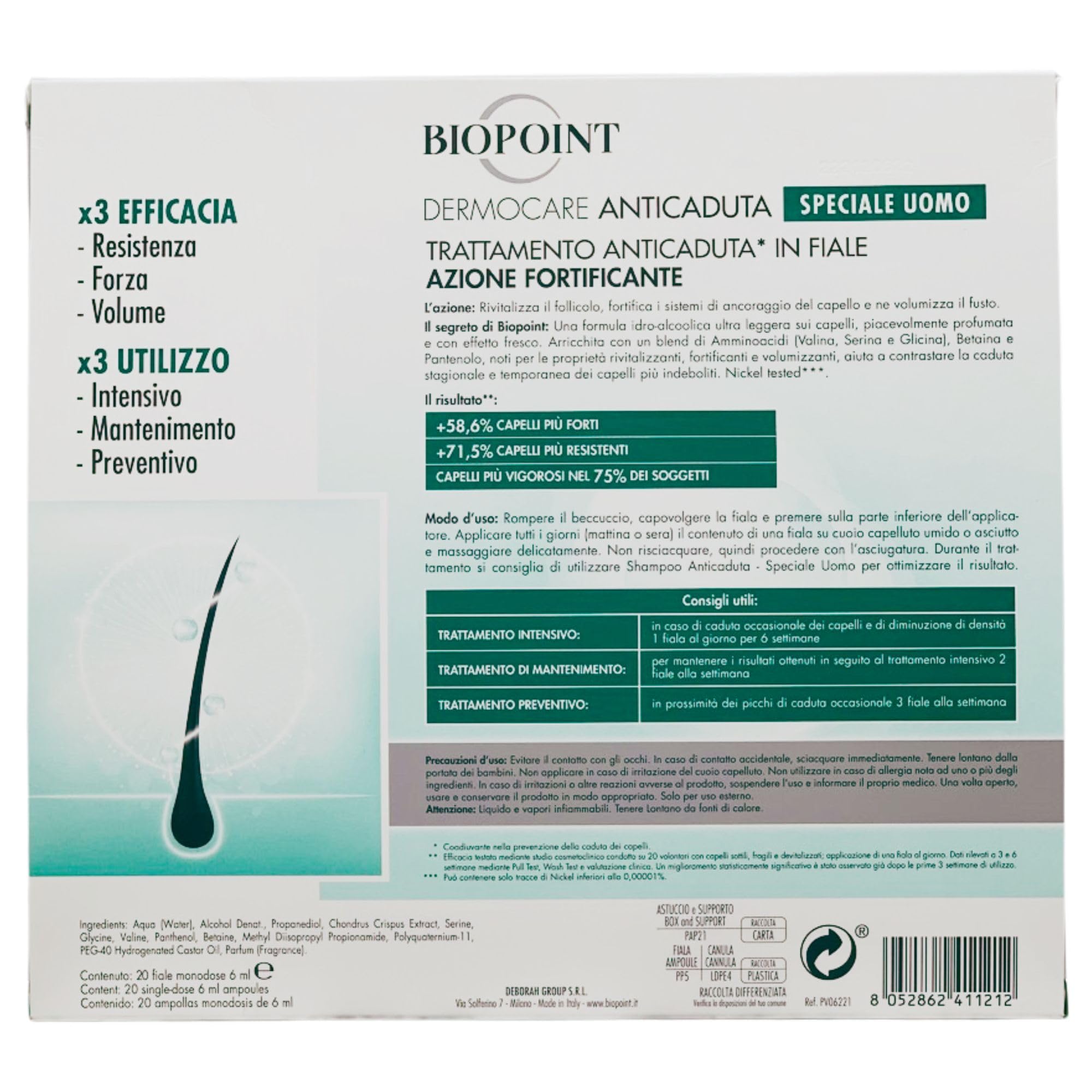 SET DERMOCARE ANTICADUTA Uomo: Shampoo Per Capelli Indeboliti 200ml + Trattamento In Fiale, Azione Fortificante. Per Cute Sensibile e Capelli Indeboliti (20 Fiale Monodose 6ml) + Spazzola
