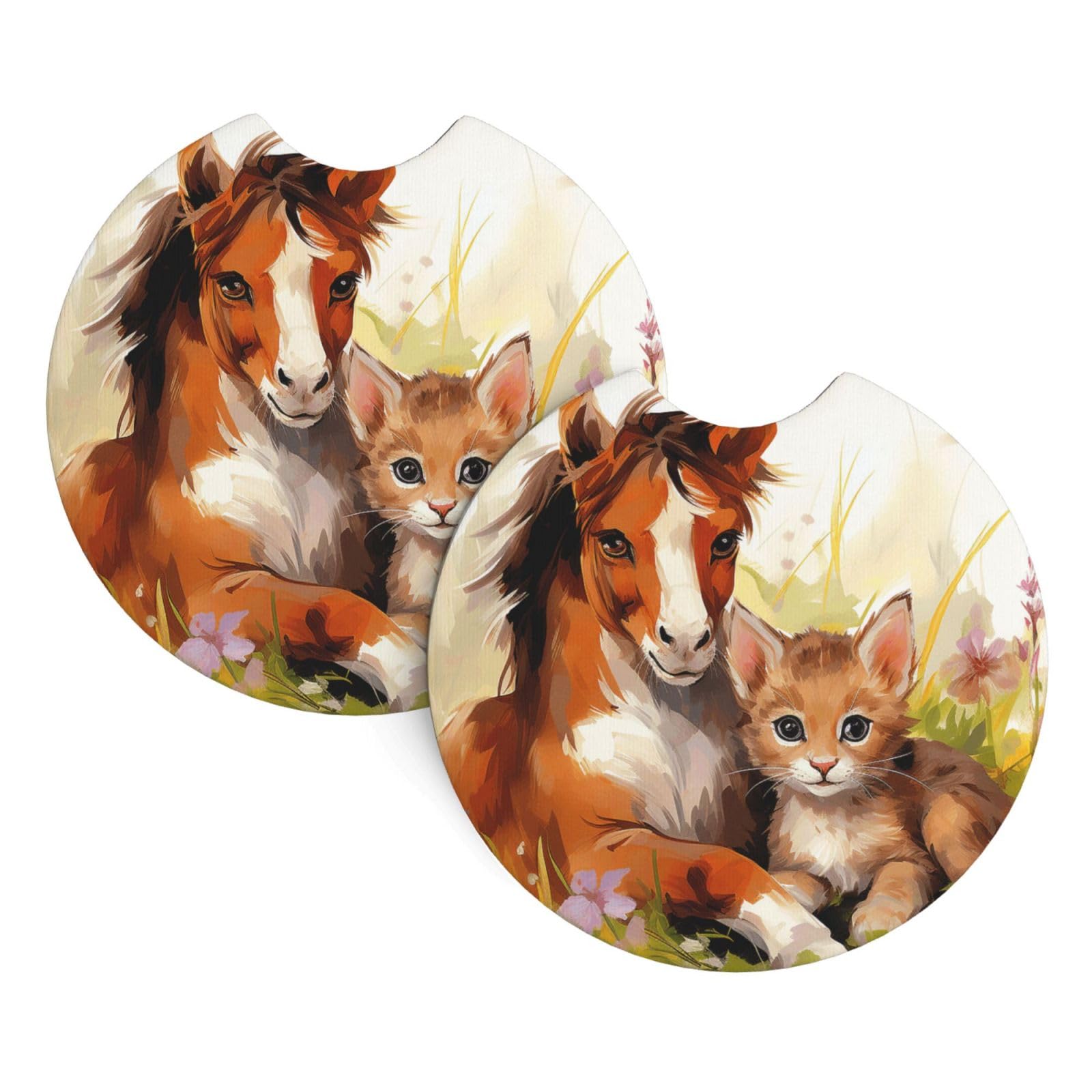 2PCS Car Coaster for Cup Holders Universal Auto Cup Mat Cute Horse and Cat Cup Coaster Pad 2.7" Waterproof Neoprene Non-Slip Cup Holder Coasters Car Interior Accessories for Women Men