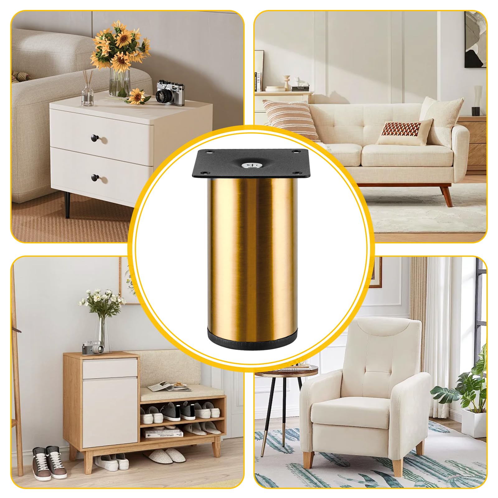YAYODS Set di 8 piedini per mobili dorati da 10 cm, robuste gambe per mobili in metallo, regolabili in altezza + 10 mm, piedini resistenti per comò, divano, tavolino da caffè e mobile TV, viti incluse