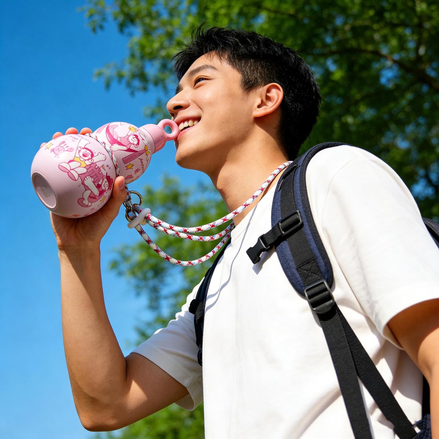 Cute Cartoon Gourd Water Bottle with Strap, 580ml Water Bottle, Portable Sport Stylish Look Cup, 316 Stainless Steel for Hot & Cold Drinks for Office Outdoor Travel for Friends and Family (Pink) - Image 3