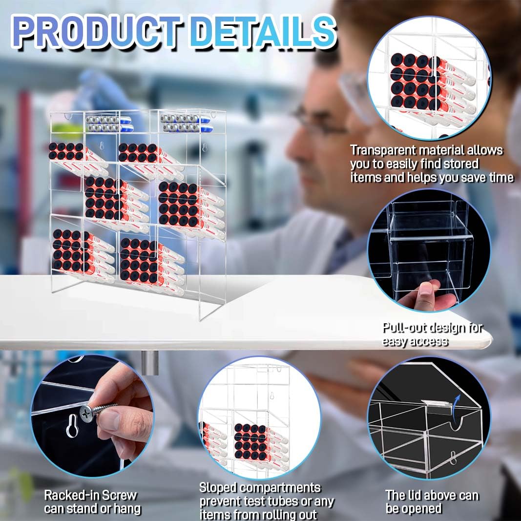 Acrylic Tube Rack with 8 Pull Out Trays Clear 12 Compartment Wall Mounting & Countertop Tube Organizer with Storage with top lid for Food Industry & Clinics Hospitals 17.5" H x 15.35" L x 5.5" W