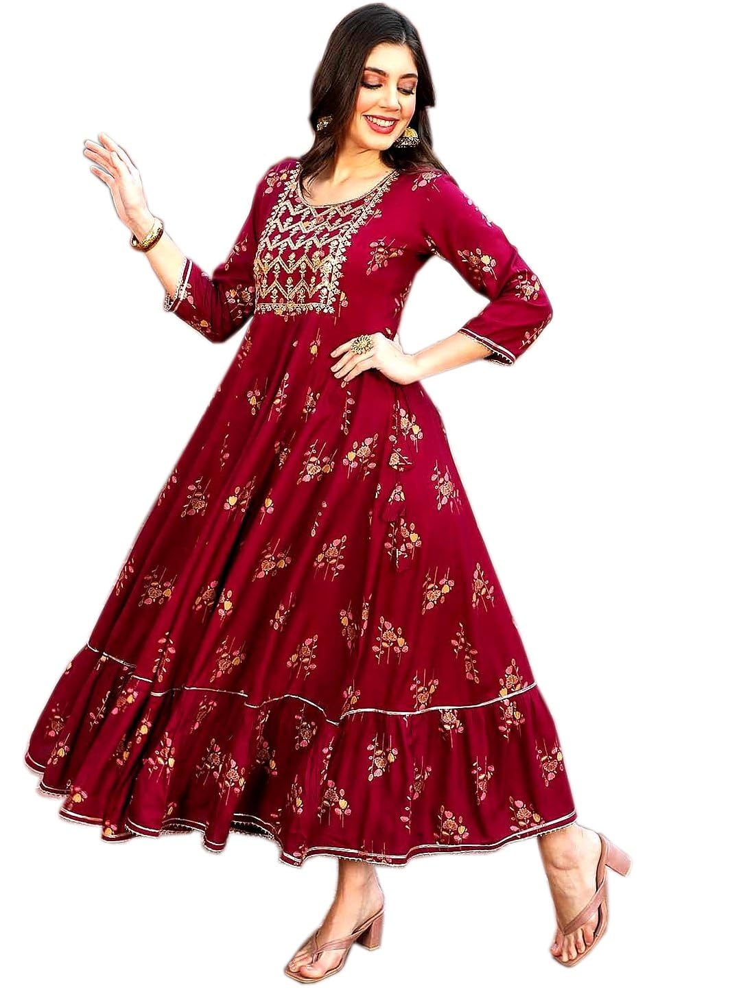 Women's Anarkali Long Gown Kurti with Gold Print & Embroidery - Ethnic Flared Dress for Girls Casual Wear-image-27