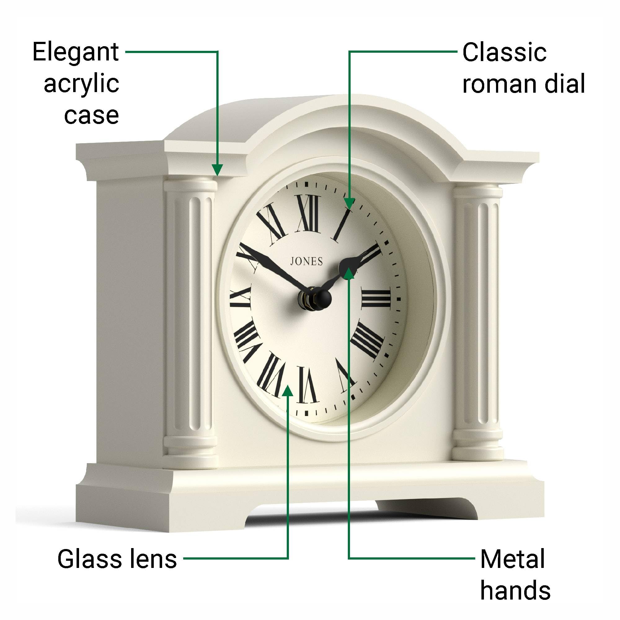 JONES CLOCKS® Kensington Reloj de repisa | Pequeño Reloj clásico de Arco Superior | Crema pálida | Estiloso y contemporáneo | Ideal para Escritorio, repisa de Chimenea, estantería o mesilla