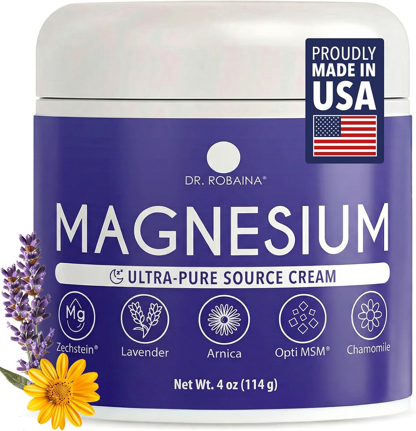 Dr. Robaina Lavender Magnesium Cream – Zechstein Magnesium & OptiMSM with Lavender Oil for Sleep Support, Relaxation & Leg Muscle Relaxation, 4 oz