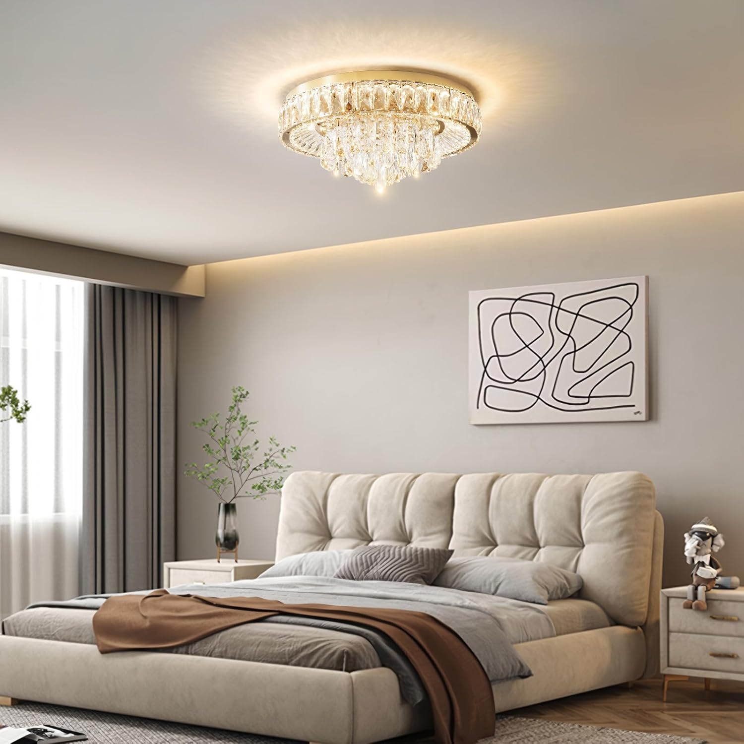 Modern LED Ceiling Crystal Chandelier: K9 Crystals Light With Remote For Dimmable - 20" Gold Crystal Chandeliers Flush Mount Ceilings Light Fixtures For Dining Room Bedroom Entryway Living Room