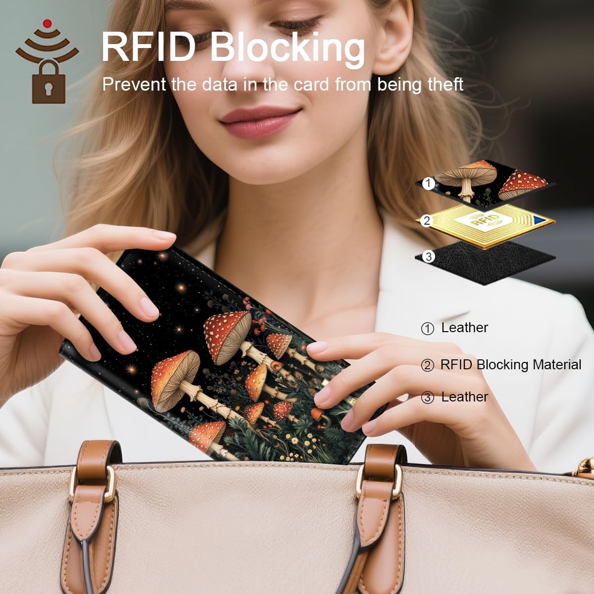 Minimalist Bifold Wallet RFID Blocking Slim Cute Credit Card Holder Compact Leather Wallet Ladies Purse for Handbag, Mushroom - Image 7