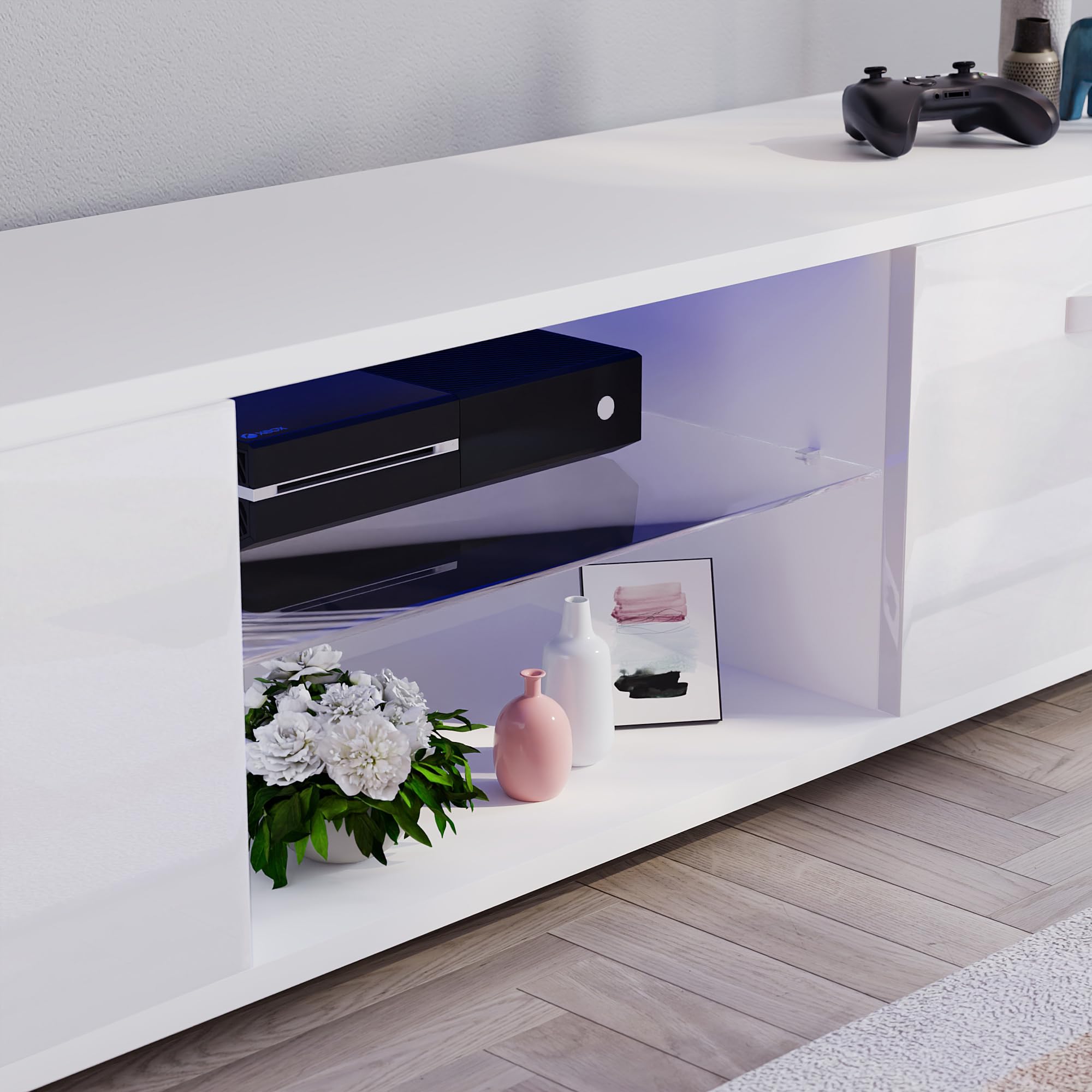 Vida Designs Cosmo - Mueble de TV LED de 2 Puertas Moderno Brillante MDF Mate para Sala de Estar, Mueble de Medios, Mueble RGB, Blanco Claro, 160 cm
