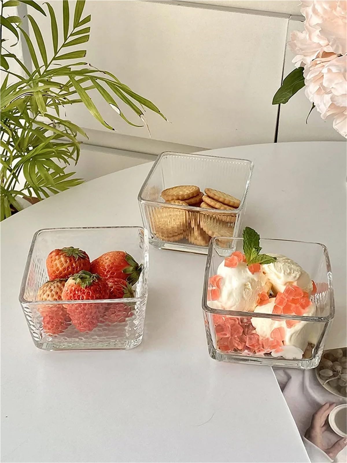 Ensaladeras Tazón de Vidrio Cuadrado Simple de 250ML, tazón de Helado for el hogar, Fruta, Postre, pudín, Yogur, Desayuno, ensaladera pequeña, 3 uds. para Cereales, Ensalada(Clear2)