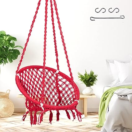 Patiofy Round Cotton Home Swing for Adults & Kids || Hammock Hanging Swing Chair for Balcony, Indoor & Outdoor || Capacity Upto 120 Kgs || includes Free Hanging Accessories || Handmade Home Jhula-Red