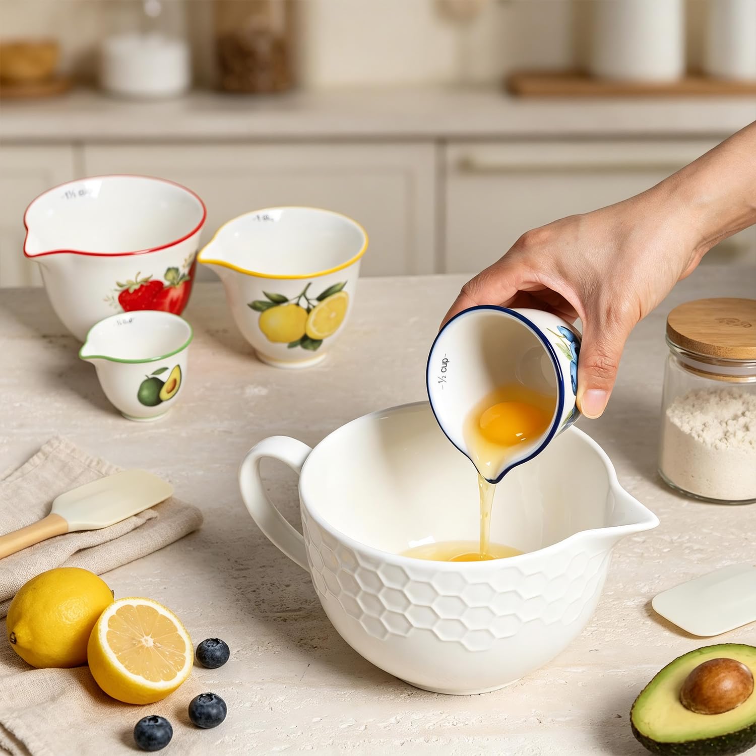 Sizikato Set di misurini in ceramica per cucinare e cuocere, set da 4 pezzi, simpatici motivi di frutta