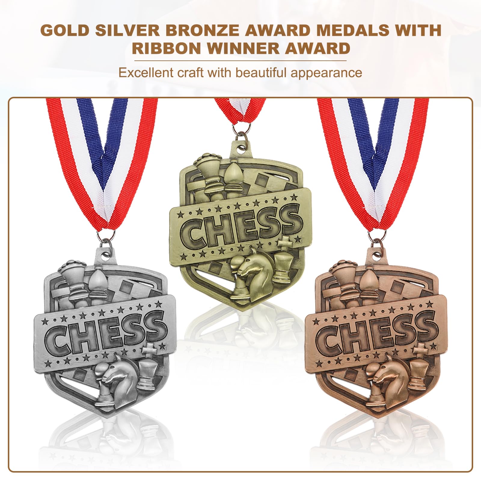 PATIKIL Medallas de Oro, Plata y Bronce para Torneos de Ajedrez con Cintas Rojas, Blancas y Azules, 9 Piezas de Medallas de Ganador para Competencias, Fiestas, Oro/Plata/Rojo