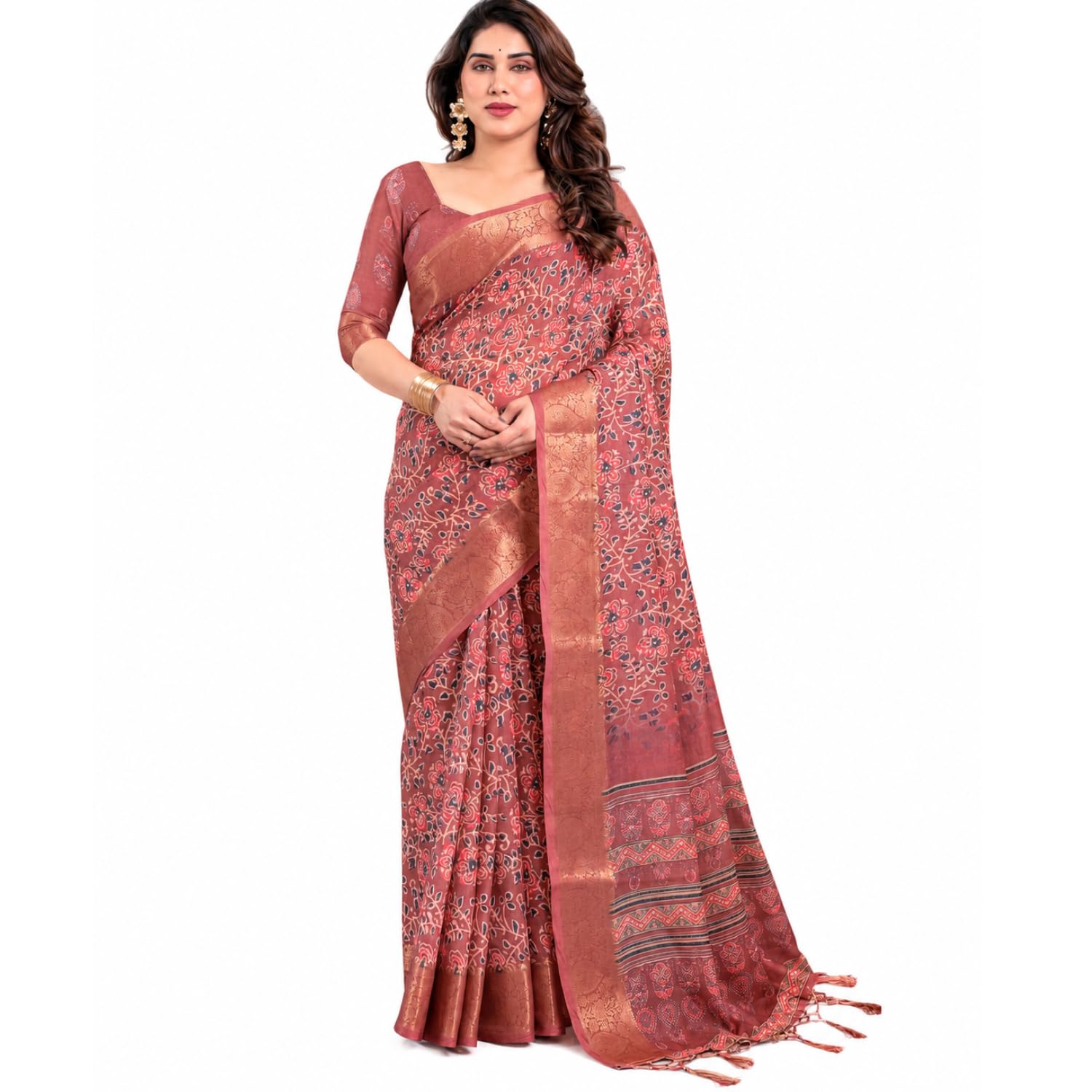 Women's Premium Cotton Linen Silk Saree Featuring Jacquard Zari Woven Brocade Work & Unstitched Blouse Piece | Comfortable Traditional Indian Ethnic Pattuu Sari-picture-45
