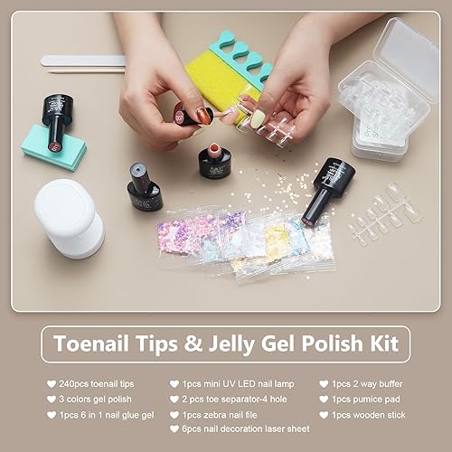 Miniatura 2 de X&D Kit de uñas postizas de gel suave, cobertura completa, puntas de uñas transparentes, 10 tamaños para uñas de pies (240 piezas, juego de 4)