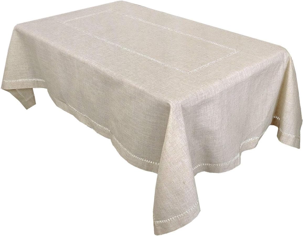 Grelucgo Handmade Double Hemstitch Natural Tablecloth, Round 72 Inch