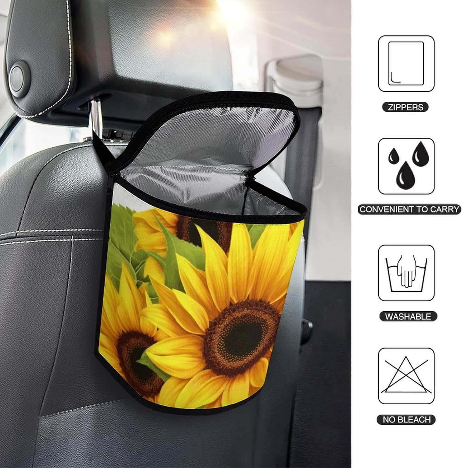 Car Trash Can Car Organizer Sunflower Printed Car Garbage Can with Lid Portable Car Bin for Cars and RVs