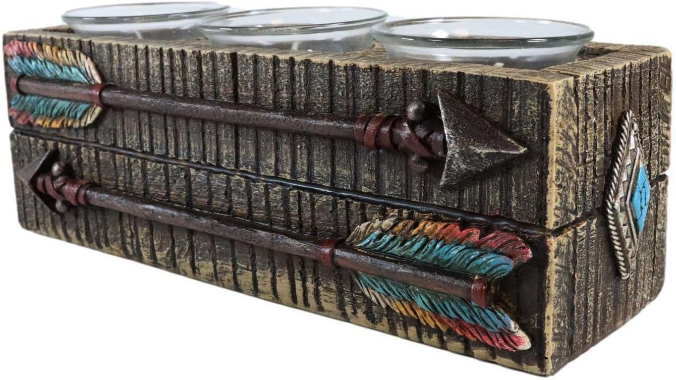 Ebros Gift Colorful Southwestern Native American Indian Navajo Turquoise Diamond Vectors with 2 Feather Arrows in Watercolors 3 Votives Candle Holder Figurine in Faux Wooden Finish