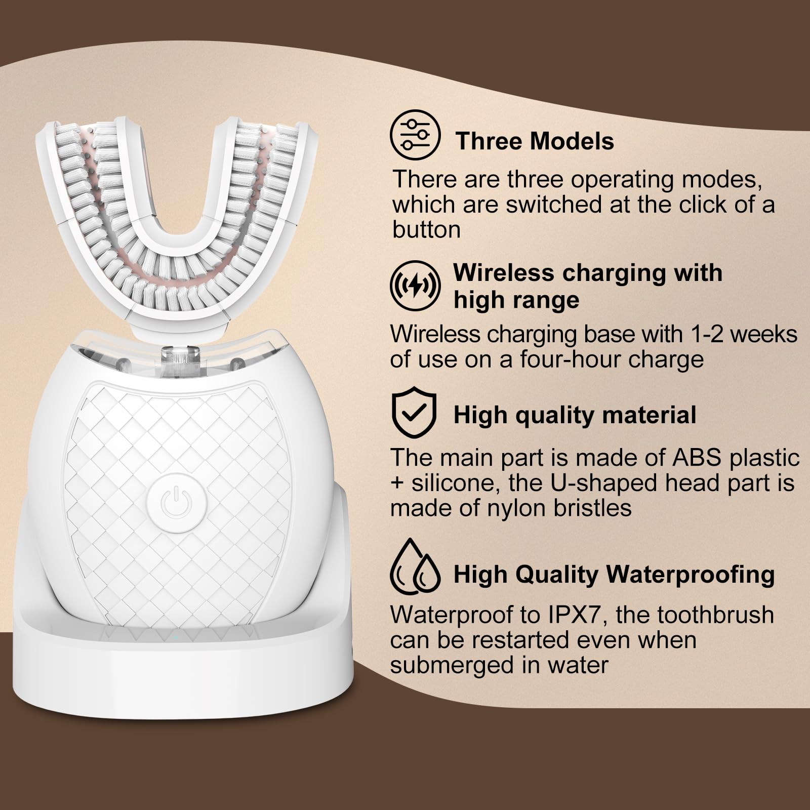 Cepillo de dientes eléctrico en forma de U para adultos, limpieza automática de 360 grados, cepillo de dientes ultrasónico con cerdas de nailon 23760 y 3 modos estándar, rápido, ultrarrápido