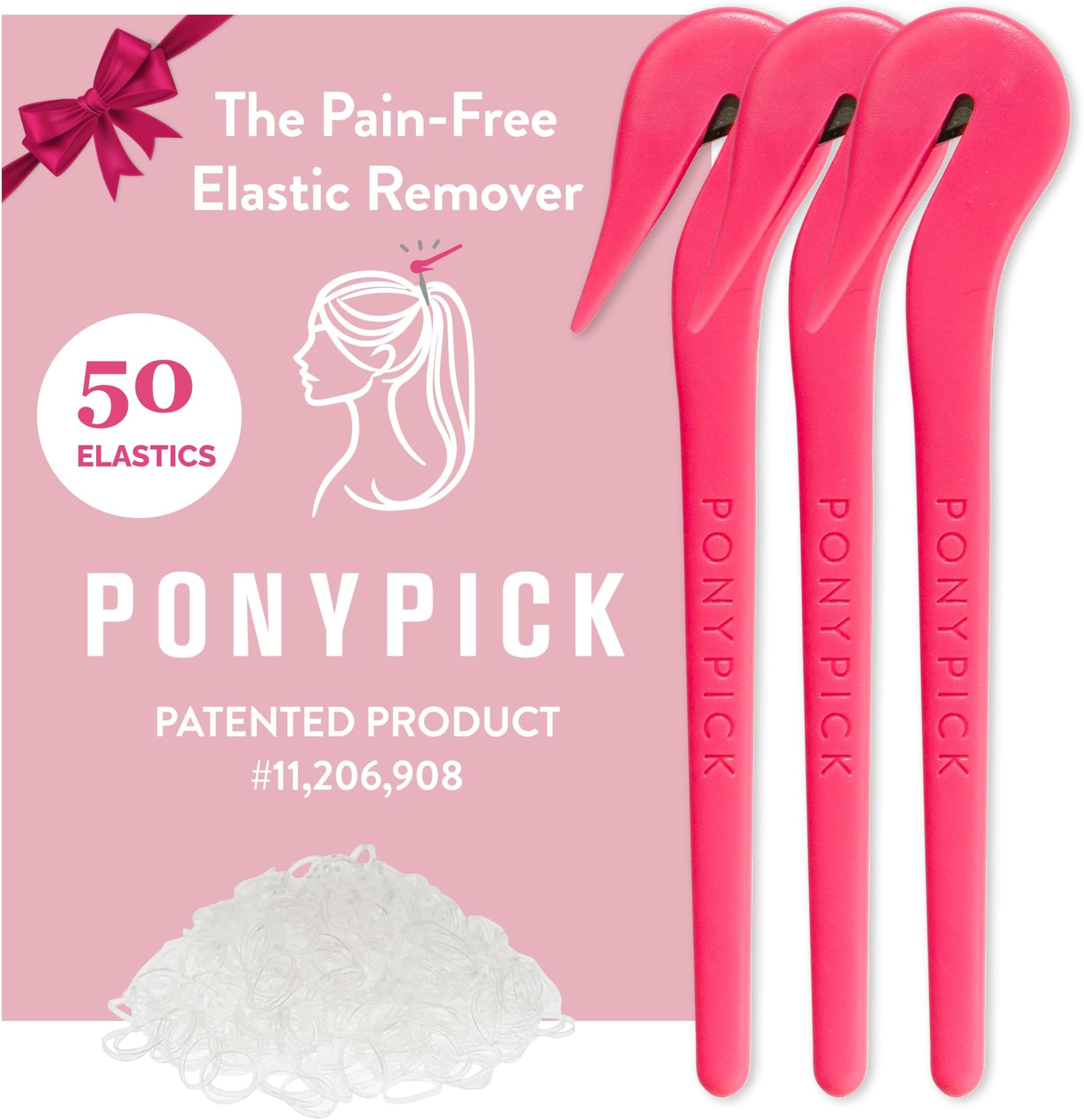 THE PONY PICK Hair Elastic Rubber Bands Cutter Tool Easy To Use, Pain Free, No Hair Damage Ponytail Cutter Tool for Kids & Toddlers (3 Picks & 50 Clear Hair Elastics)