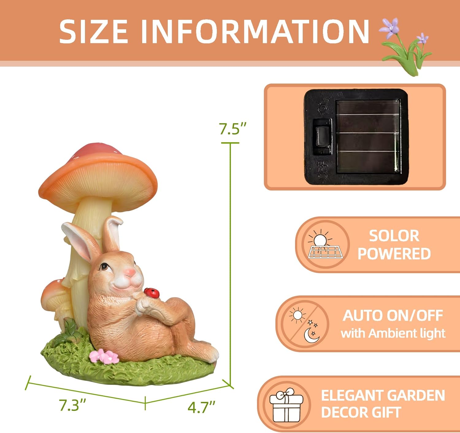 Solar Rabbit Garden Statues Outdoor Decor, Solar Garden Decor with Mushroom Lights, Resin Yard Decorations Outdoor for Patio, Porch, Balcony, Lawn Ornaments, Housewarming Birthday Gifts for Mom Women - Image 4