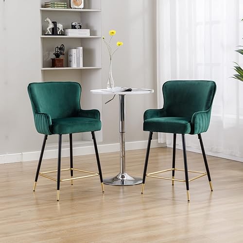 Miniatura 6 de Juego de 2 taburetes de bar de 26 pulgadas de altura de mostrador, taburetes de bar tapizados de terciopelo dorado con respaldo de ala, taburetes de