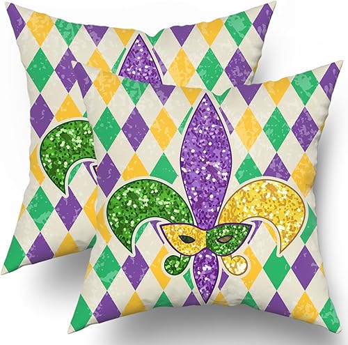 sorfbliss Juego de 2 fundas de almohada de Mardi Gras de 18 x 18 pulgadas, hermosas fundas decorativas de color amarillo, morado, verde, para