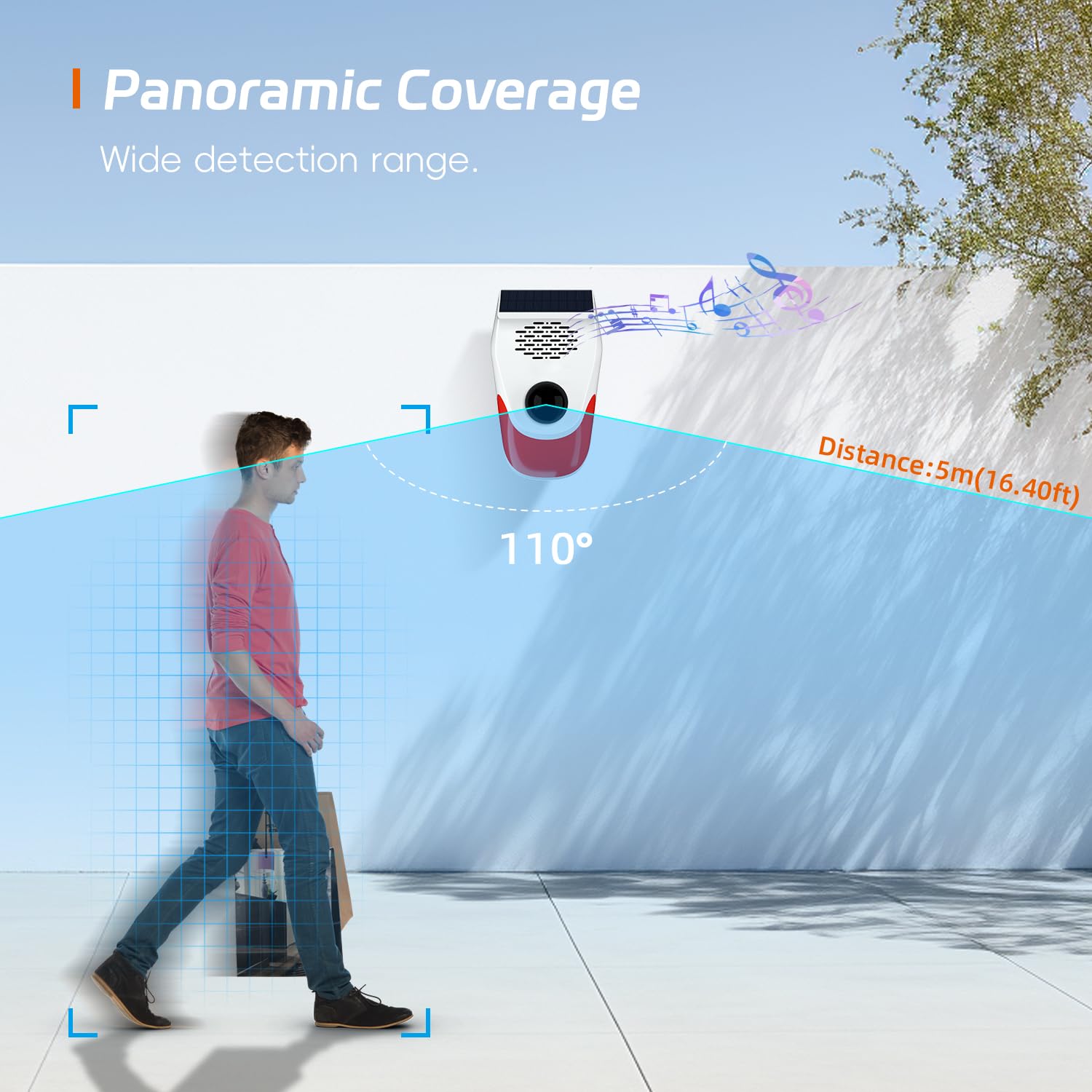 Sensor de movimiento para exteriores con 8 grabaciones reemplazables, alarma detector de movimiento de ladridos de perros, tres niveles de volumen ajustable, tres modos de funcionamiento, alarma