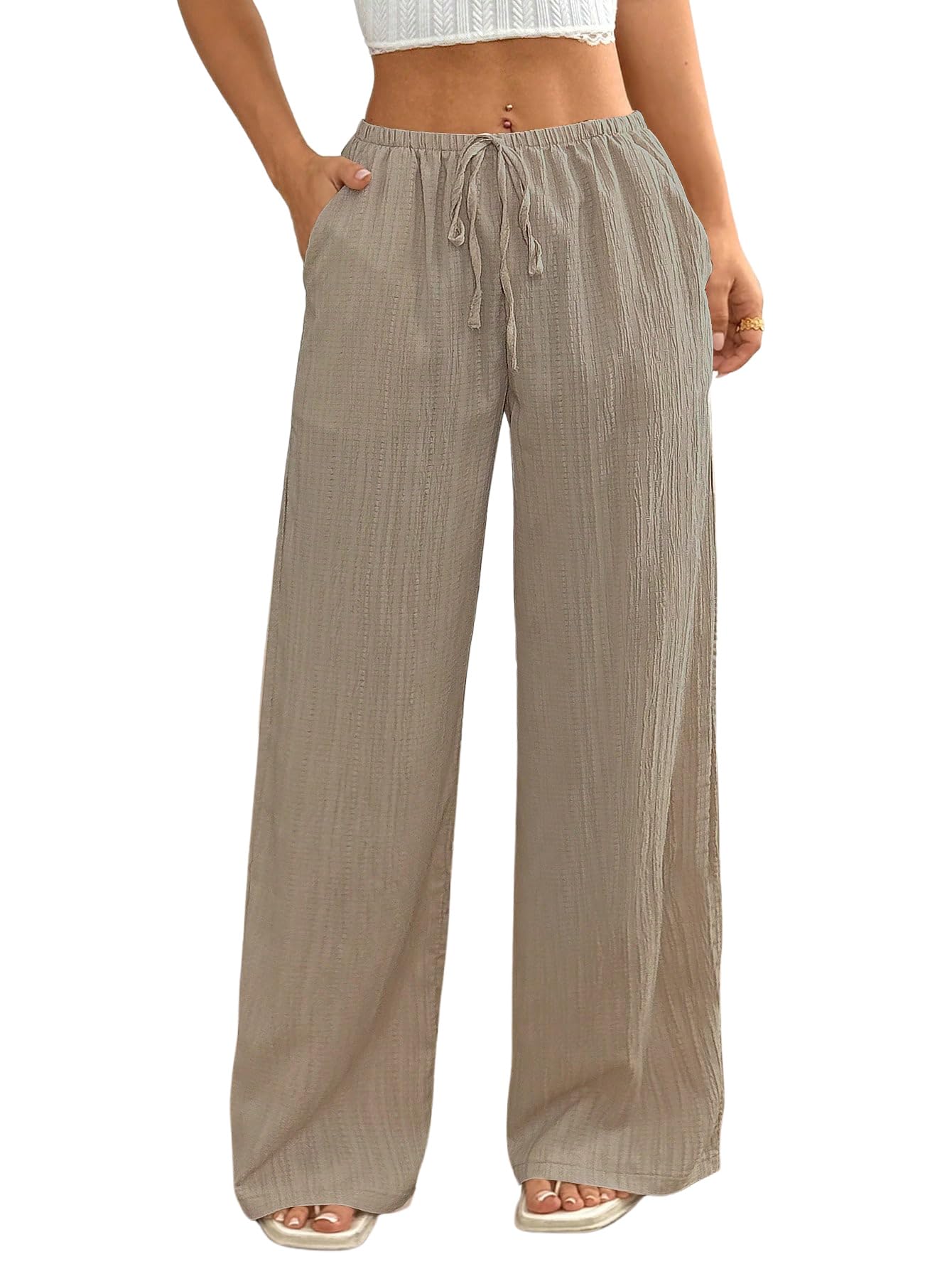 MakeMeChic Women's Casual Wide Leg Pants Summer Beach Palazzo Pants