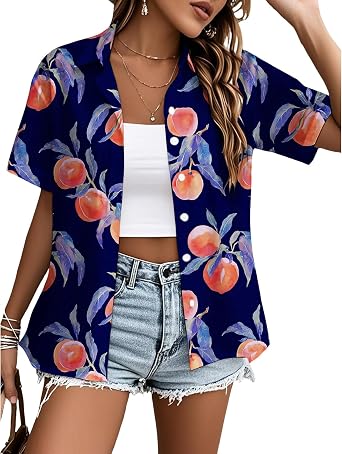 Bohemia Tropical Fruit Print Shirts for Women Button Down Collared Casual Short Sleeve Summer Beach Tops