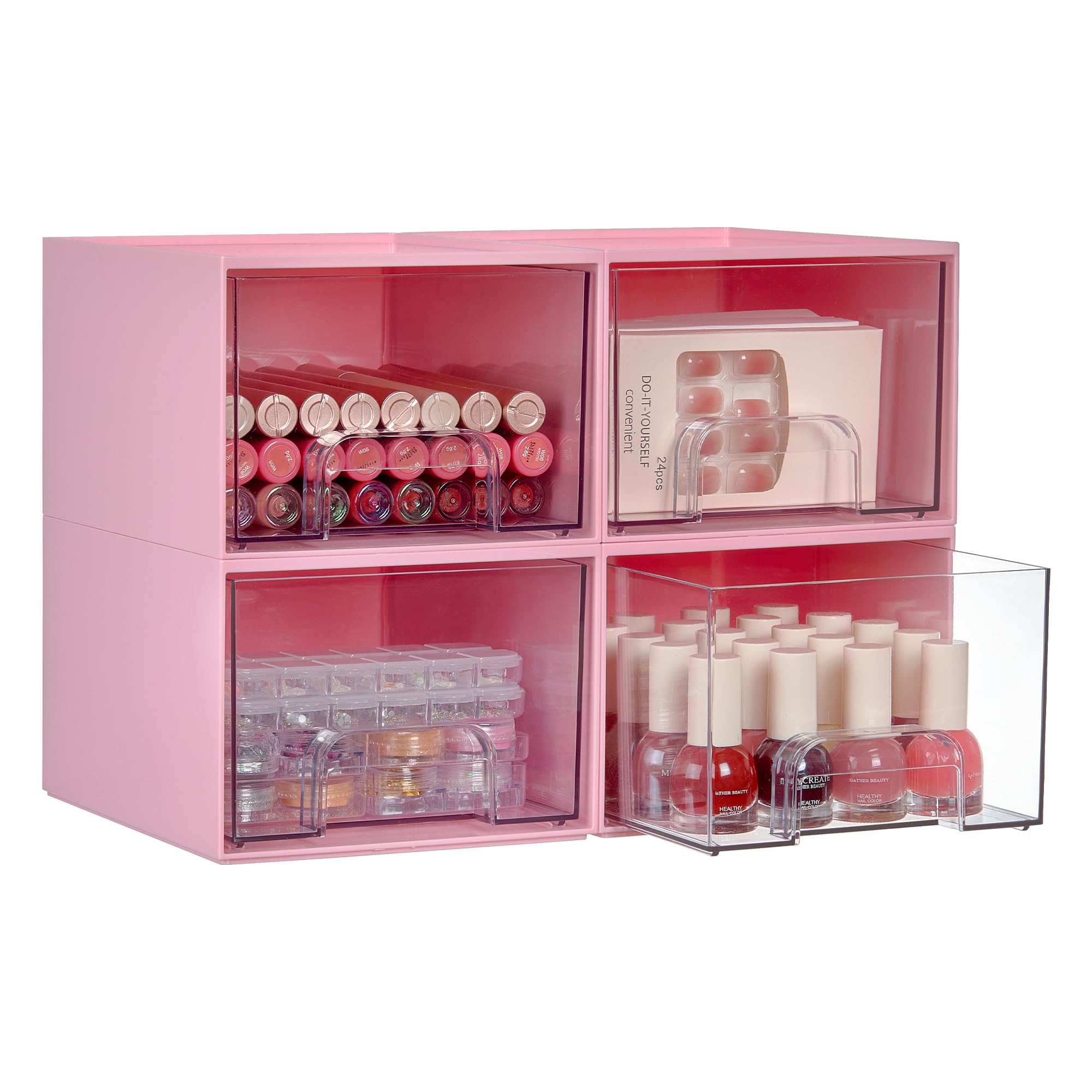 Vtopmart 4er-Set Kleine Stackable Storage Drawers, Acrylic Organiser, Aufbewahrung und Organisation for Dresser, Bathroom, Kosmetik, Küche, Vorratsschrank（Rosa）