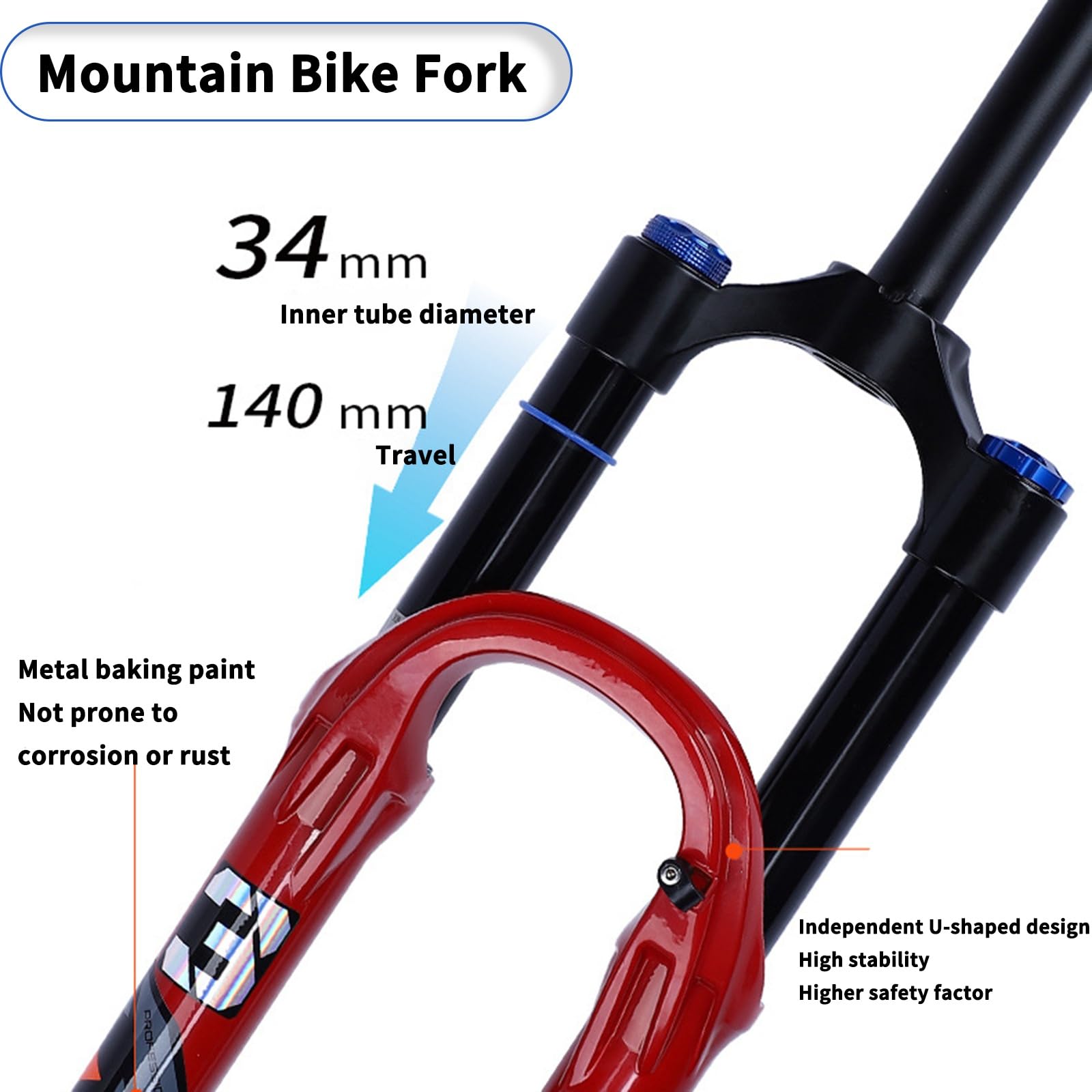 Widelec zawieszenia pneumatycznego do roweru górskiego 26/27,5 cala, skok 140 mm, pręty 34 mm, prosta/stożkowa rura 1 1/8", szybkie zapięcie 9 mm, regulacja