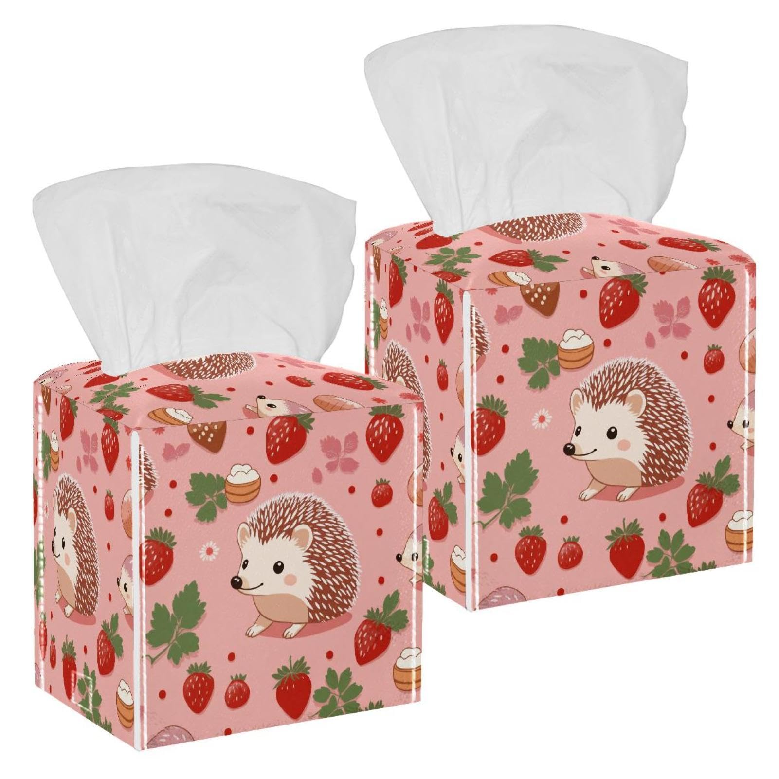 Hedgehog Strawberries Tissue Box Cover, 2 Pack PU Leather Square Facial Tissue Dispenser Box holder for Home Office Car