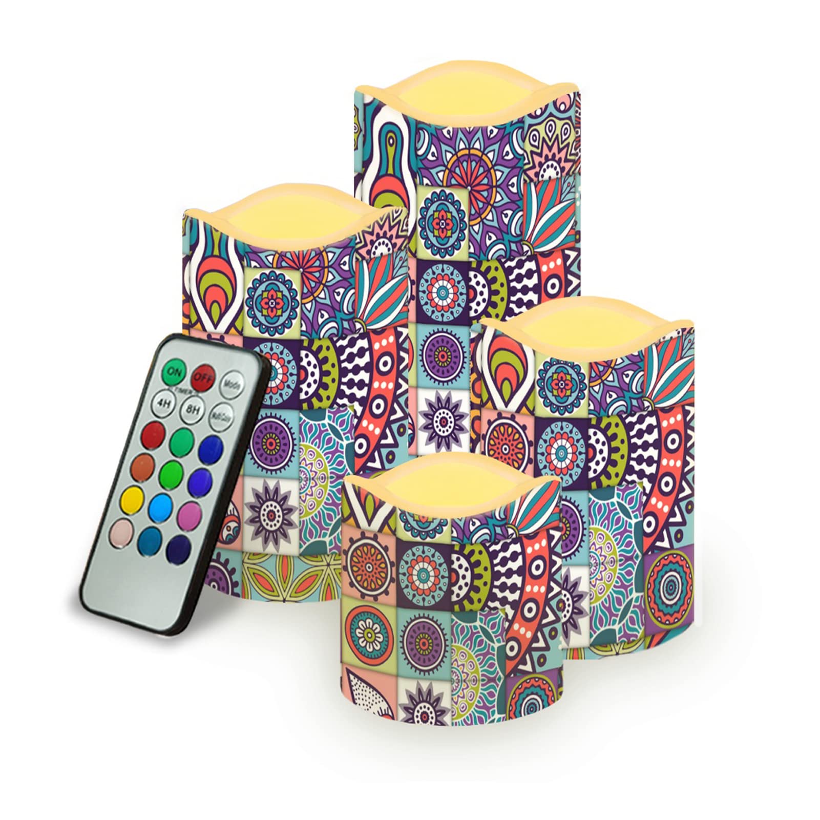 Dolyues Moroccan Tiles Mandala 4 PCS LED Flameless Flickering Votive Candle, Ethnic Boho Tea Lights for Party Wedding Birthday Gifts