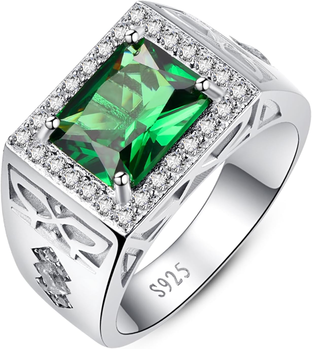 Yaresul8 * 10mm Vintage Emerald Rings for Men 925 Sterling Silver Bands for Men Paved White Cubic Zirconia Cocktail Ring Men Cool Rings Men Wedding Ring Engagement 12mm Band Size 6-12