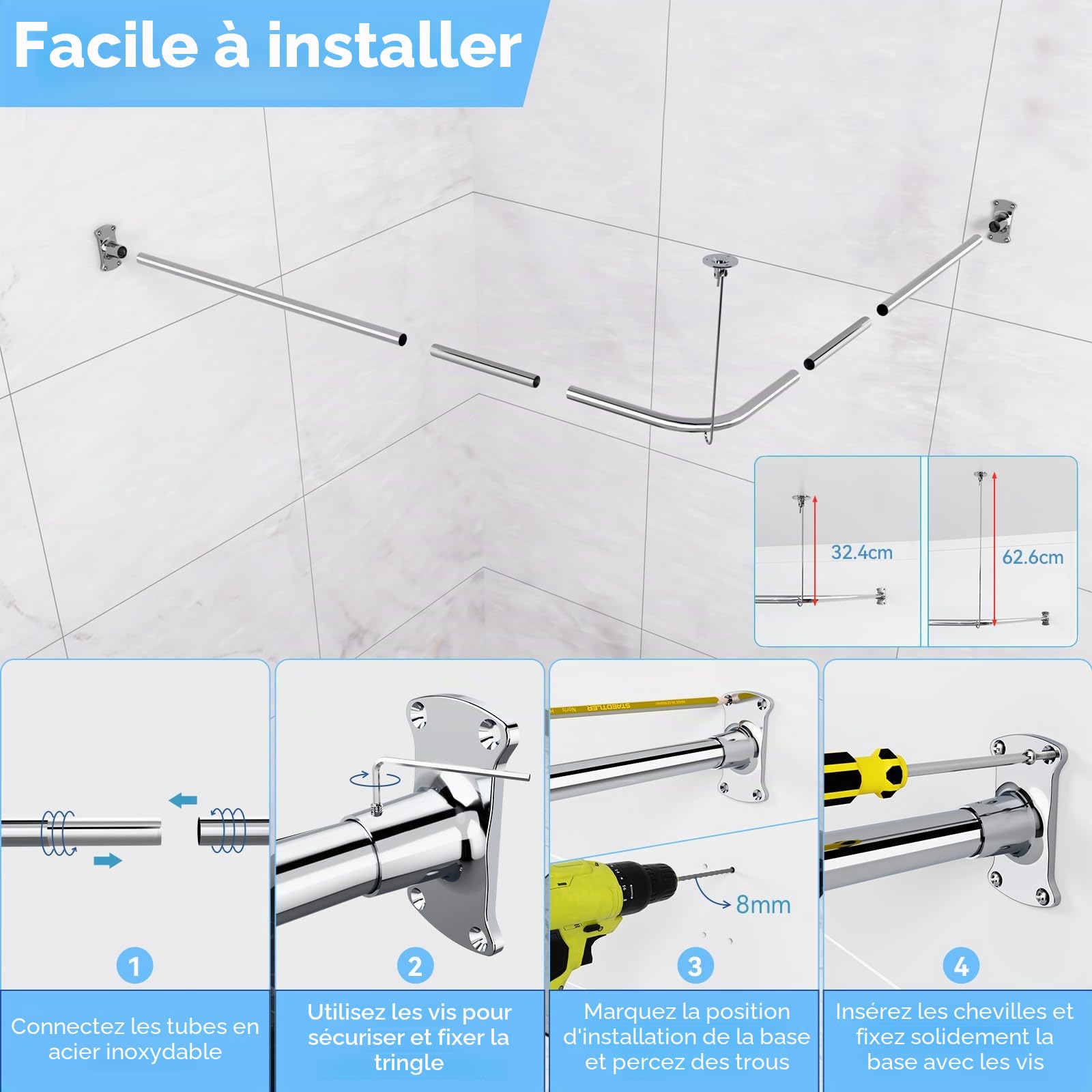 Tringle à rideau de douche en forme de L, 100-120 x 100-190 cm, barre de douche réglable, SUS304 en acier inoxydable SUS304 Rail de rideau de douche d'angle, tringle de douche avec 16 anneaux