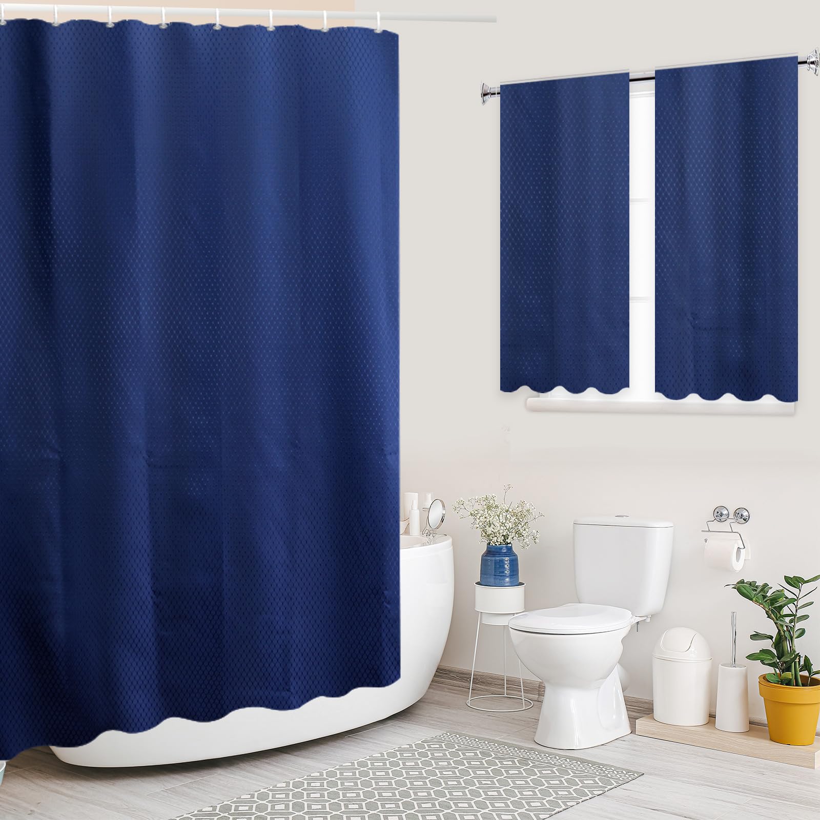 YISURE Solid Navy Blue Cloth Shower and Window Curtain Set, Matching Shower 72x72 Inches and Window Curtains Set of 2 Pieces 30x36 Inches, Woven Textured for Bathroom Decor